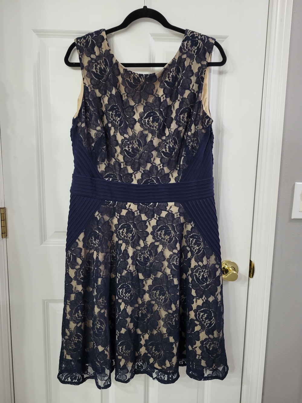 Navy Lace Fit-and-Flare Midi Dress with Nude Underlay